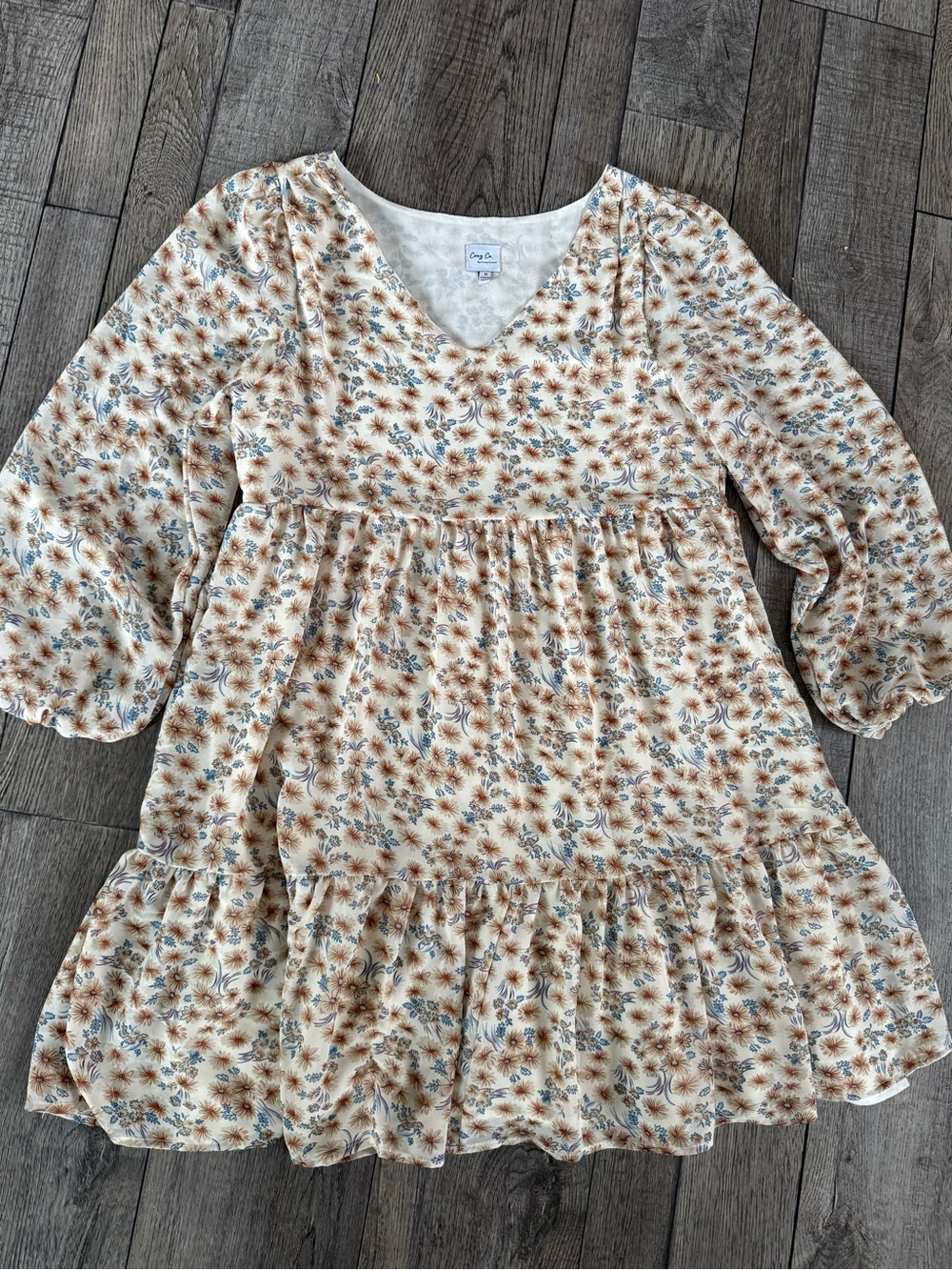 Cozy Casual Cream Floral V-Neck Mini Dress with Blue & Brown Accents